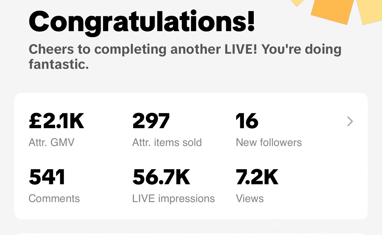 TikTok Shop LIVE dashboard showing £2.1K GMV, 297 items sold and 16 new followers